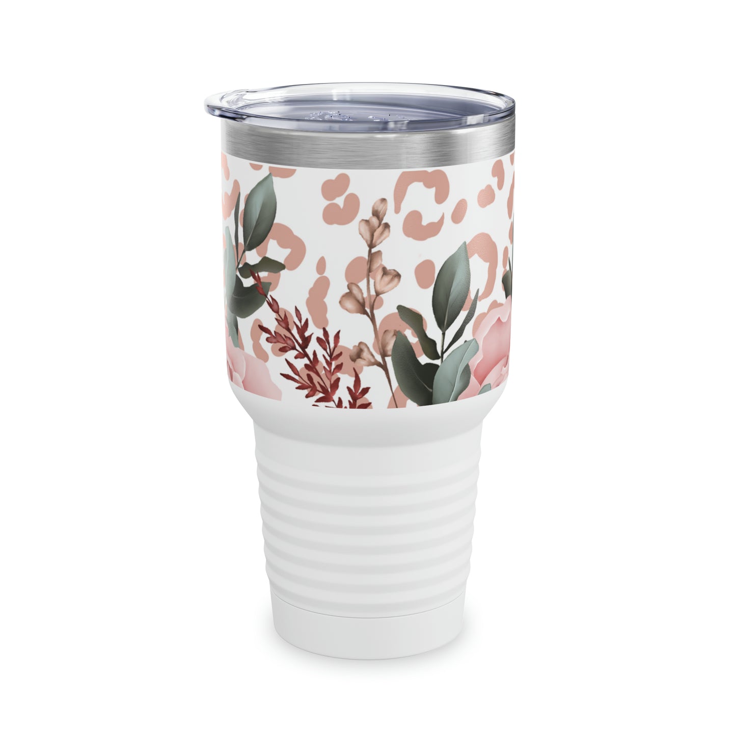 Rose Pink Leopard W/ White Background Steel Tumbler with Straw, 20oz