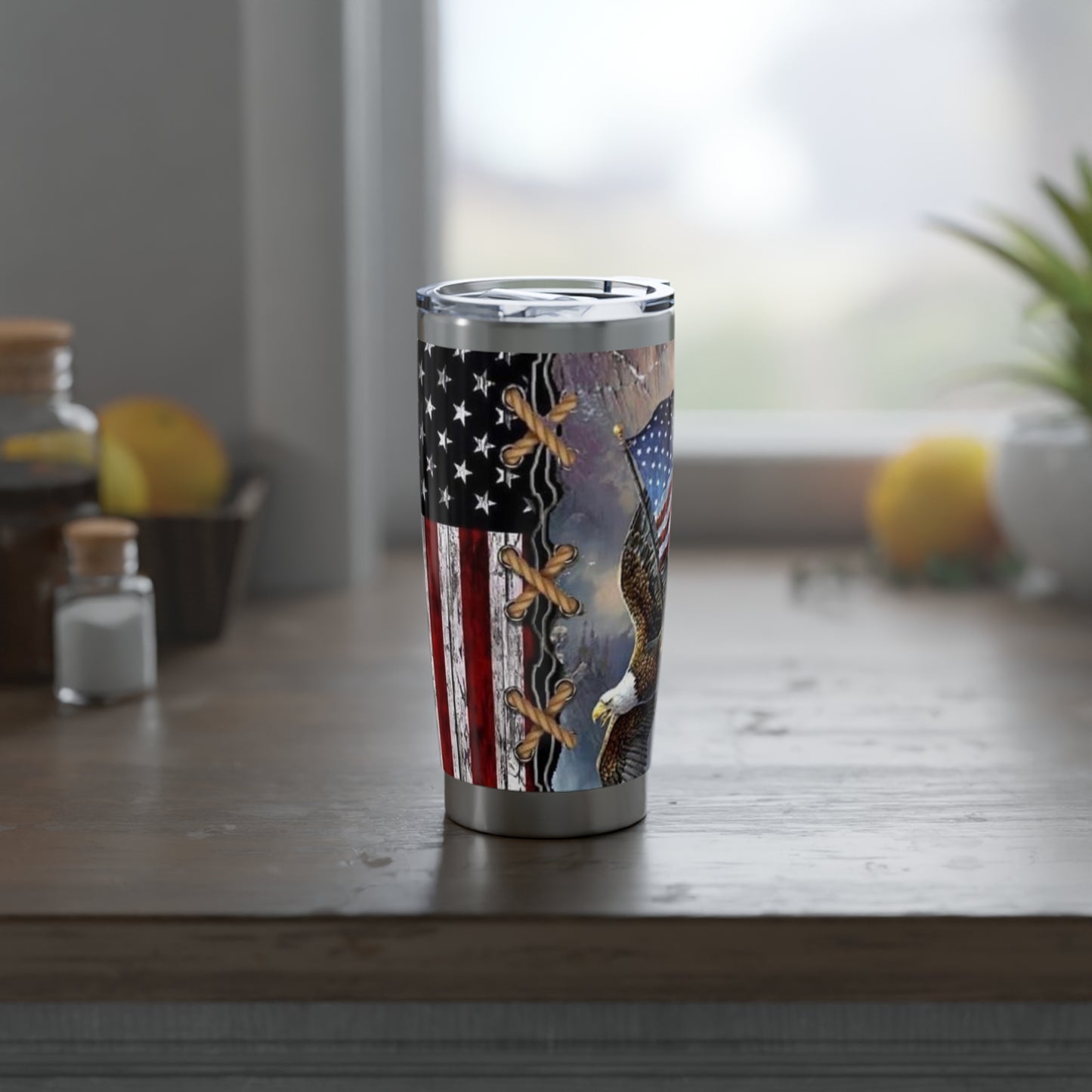 American Flag With Bald Eagle Skinny Steel Tumbler with Straw, 20oz