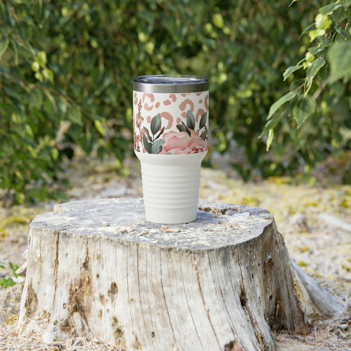 Rose Pink Leopard W/ White Background Steel Tumbler with Straw, 20oz