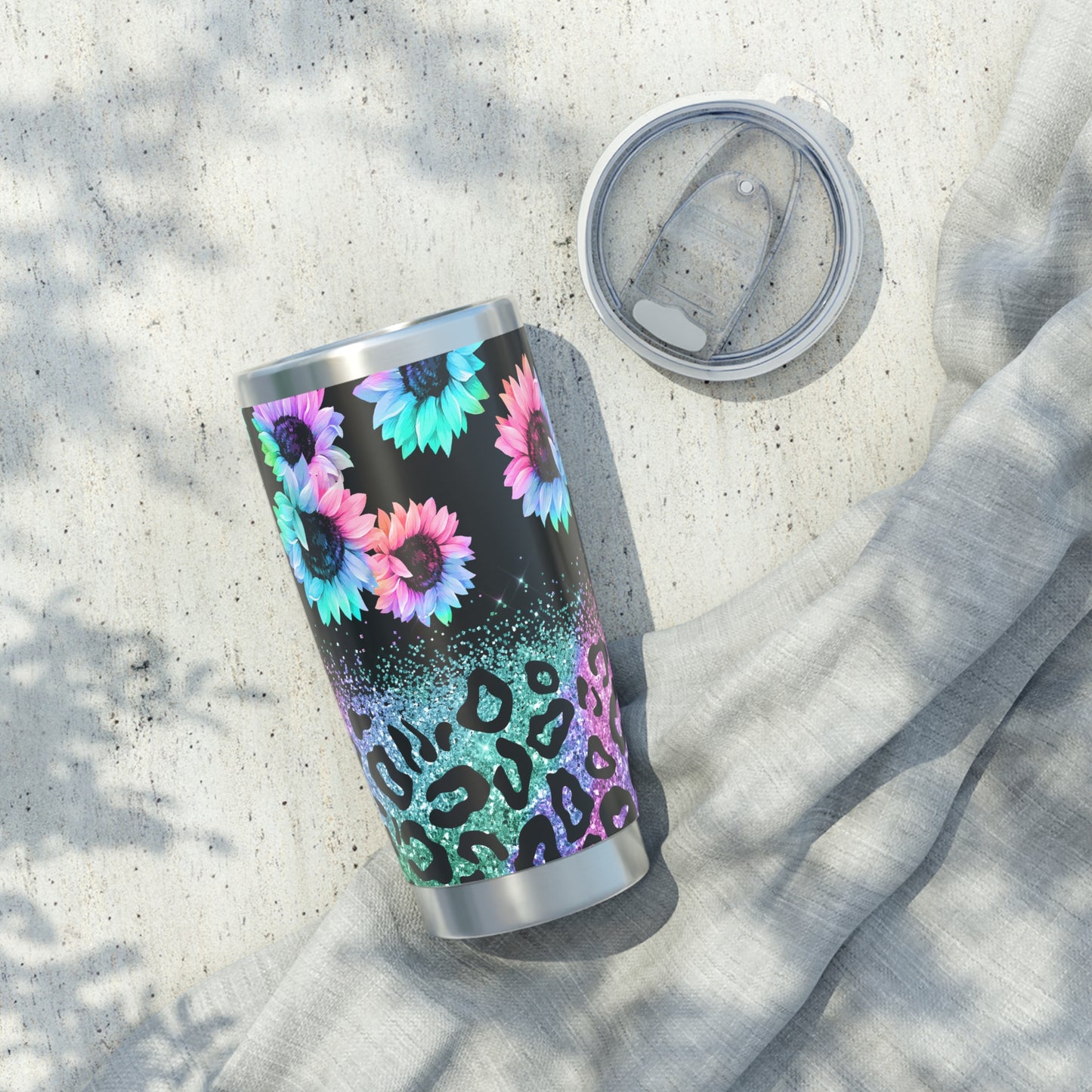 Rainbow Sunflower Leopard Print, Skinny Steel Tumbler with Straw, 20oz