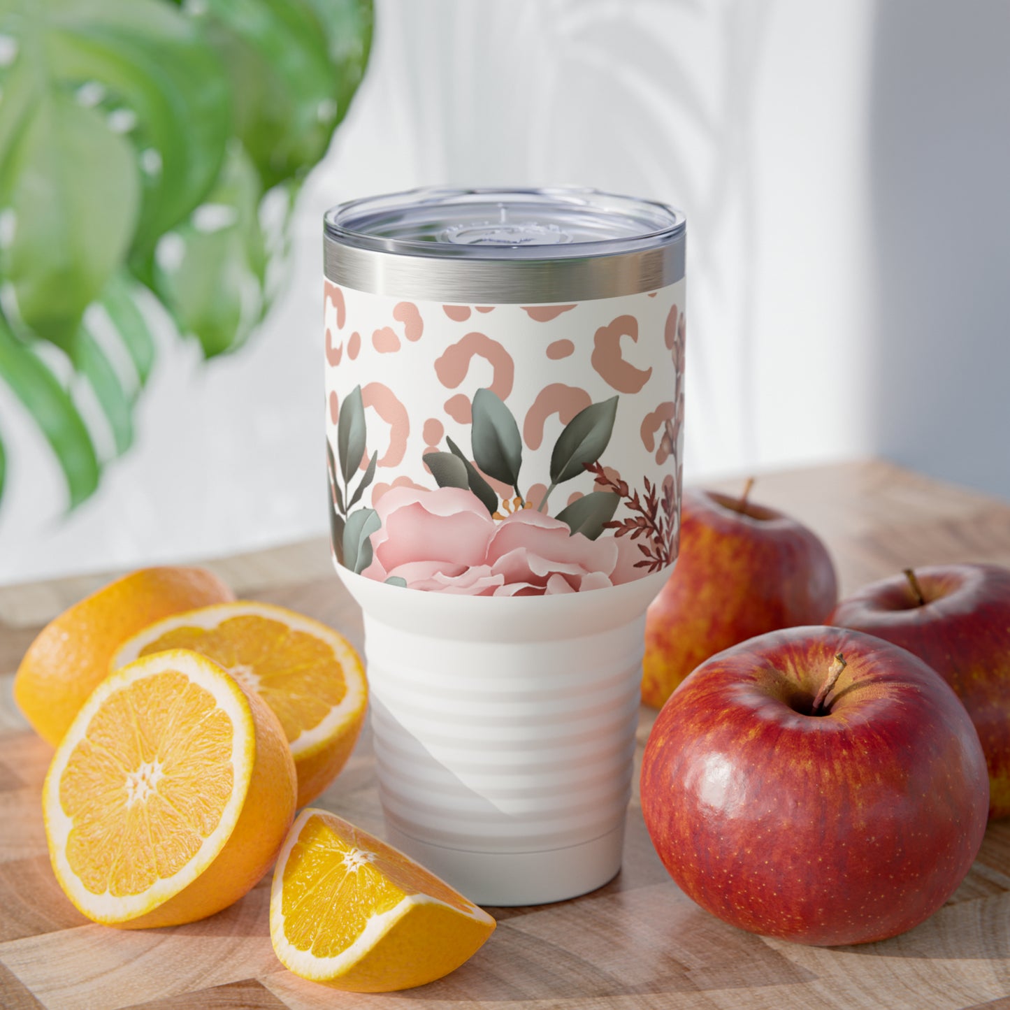 Rose Pink Leopard W/ White Background Steel Tumbler with Straw, 20oz