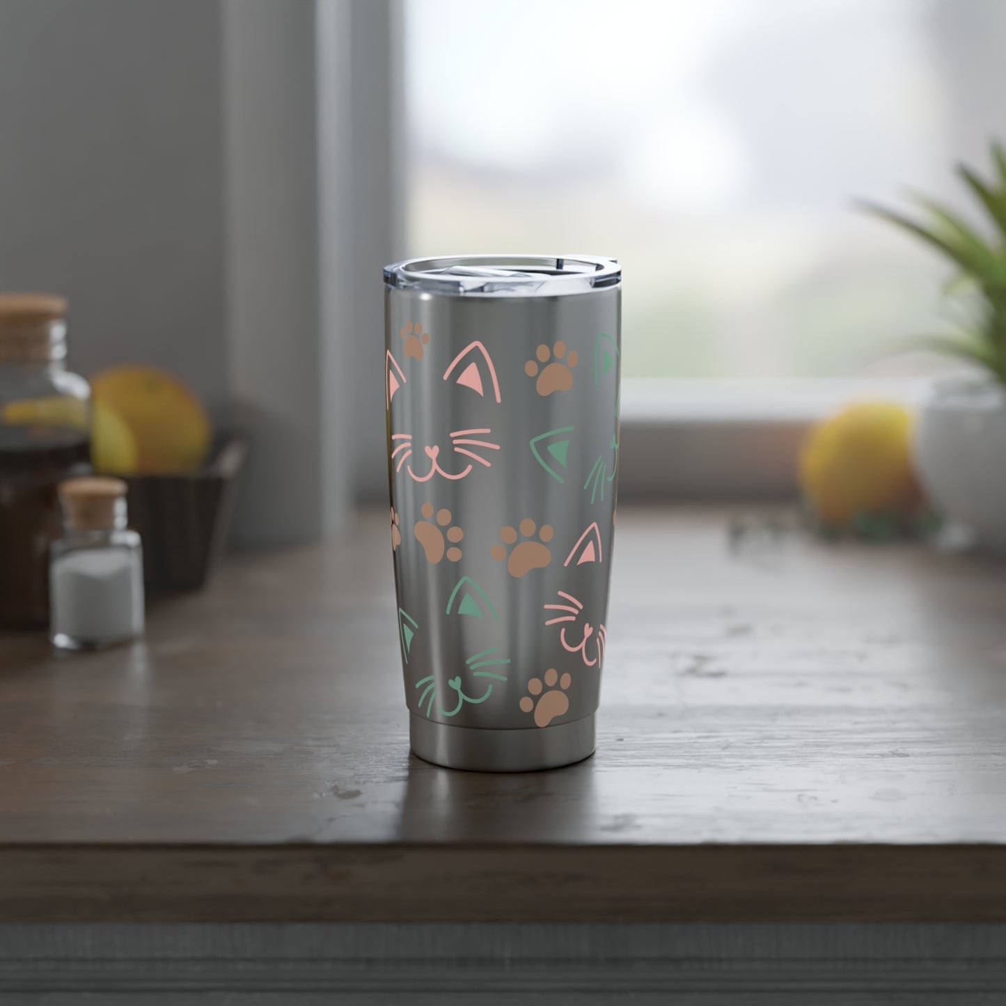 Cute Cat Print, Skinny Steel Tumbler with Straw, 20oz