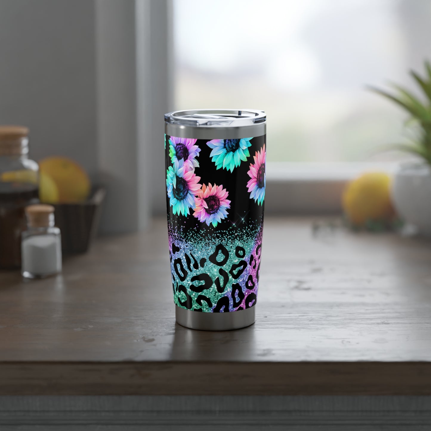 Rainbow Sunflower Leopard Print, Skinny Steel Tumbler with Straw, 20oz