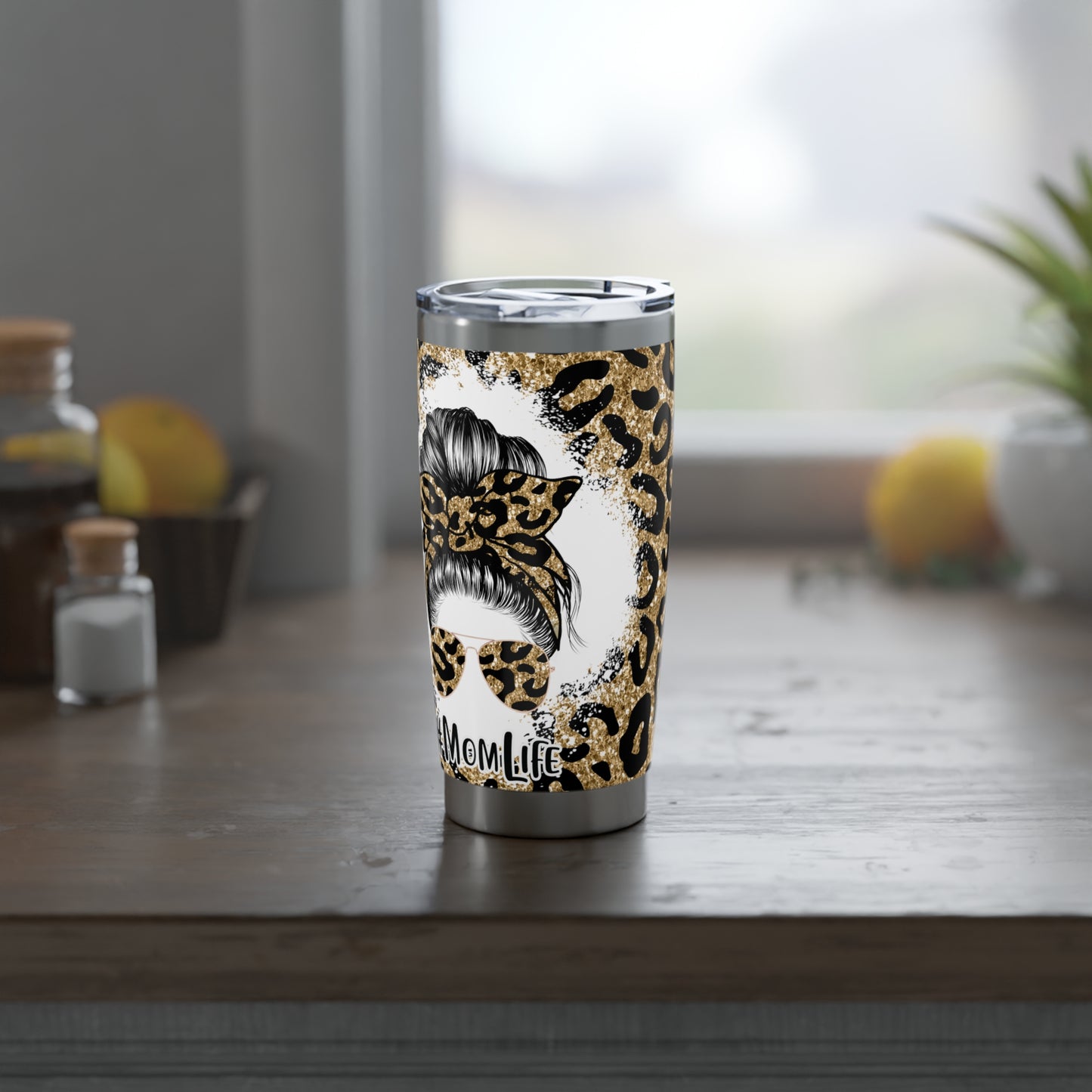 #MomLife Leopard Print, Skinny Steel Tumbler with Straw, 20oz