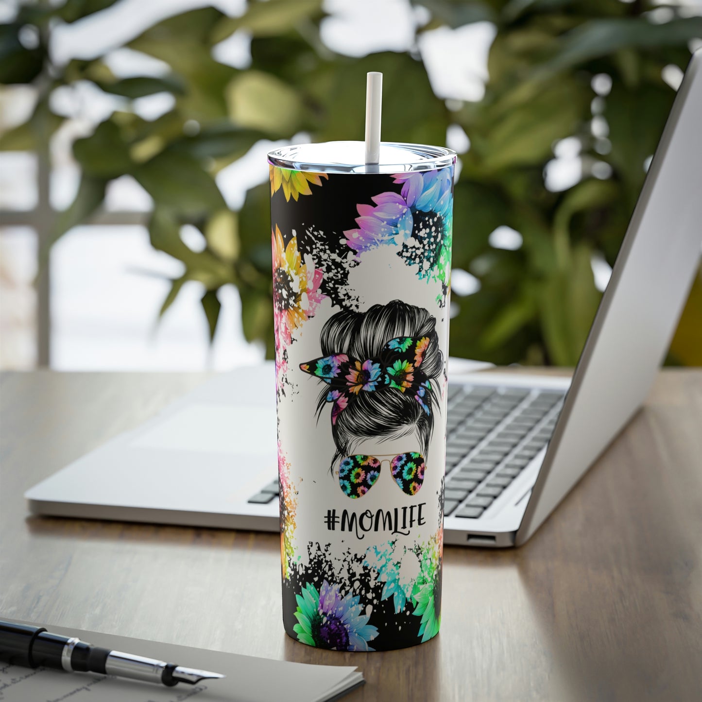 #Mom Life Multi Colored Sunflower Print, Skinny Steel Tumbler with Straw, 20oz