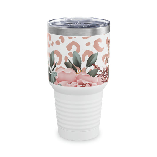 Rose Pink Leopard W/ White Background Steel Tumbler with Straw, 20oz