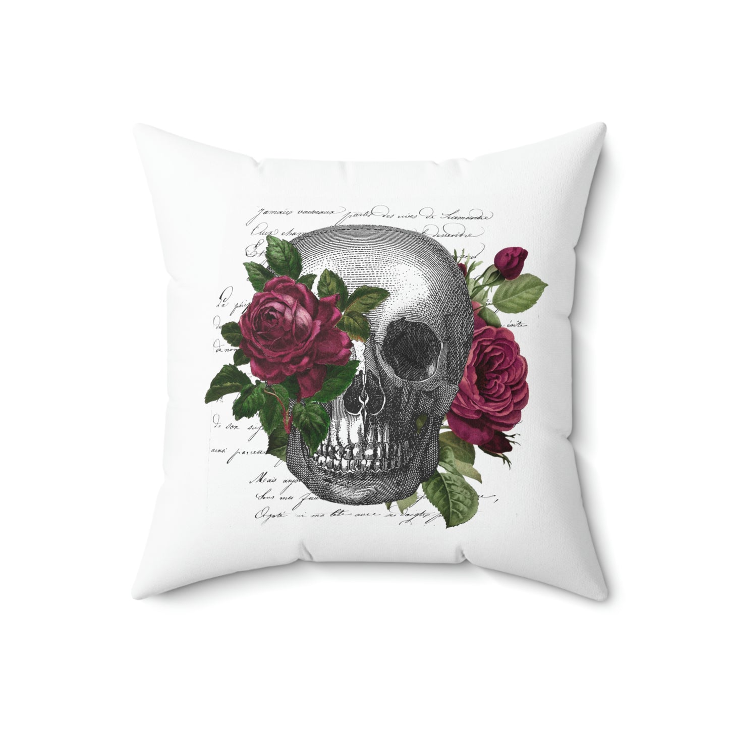 Vintage Rose Skull Print, Faux Suede Square Pillow