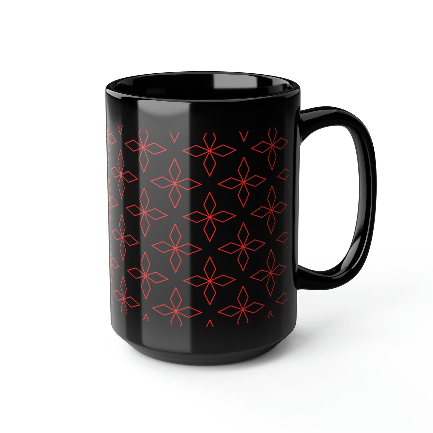 Red Retro Flower Black Mug, 15oz