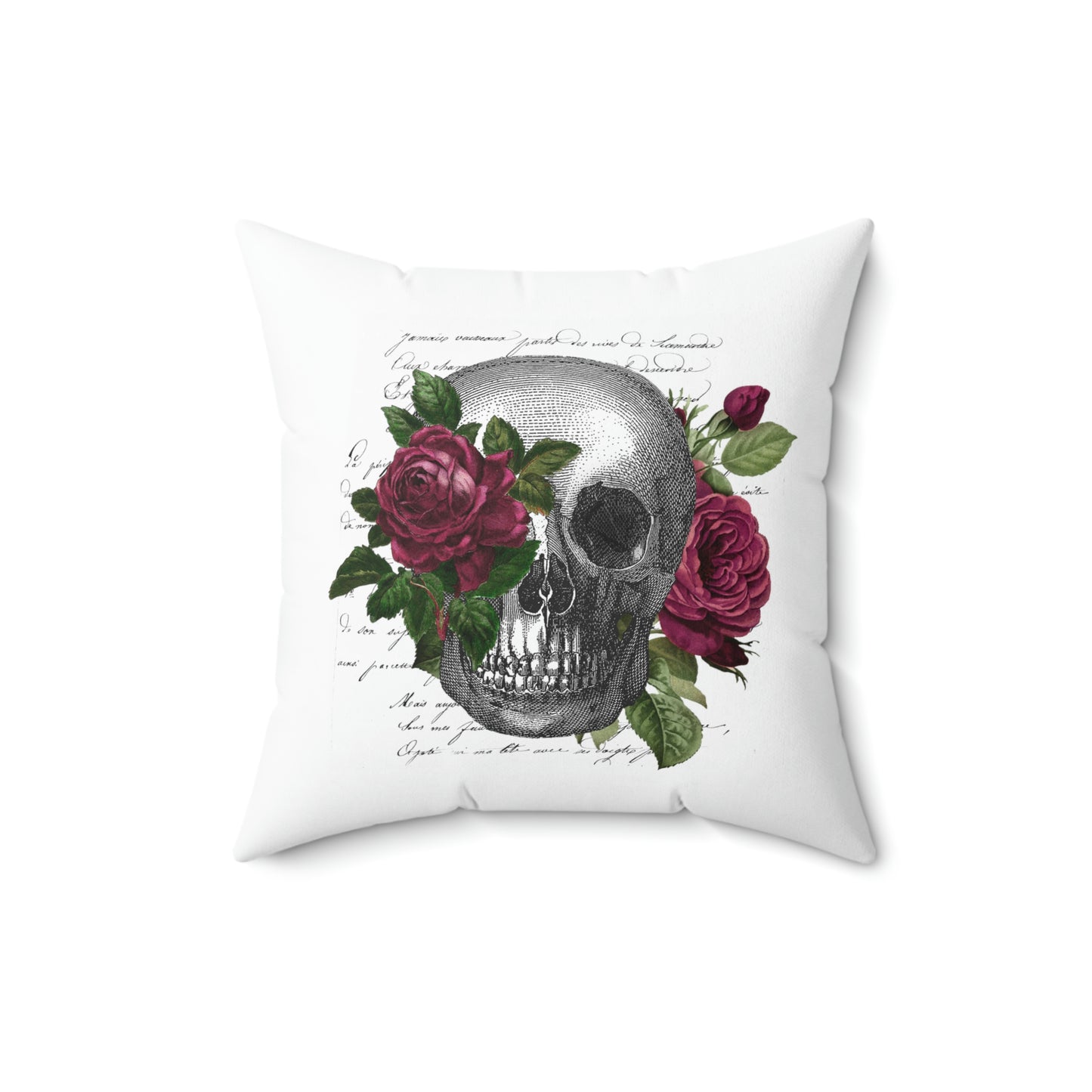 Vintage Rose Skull Print, Faux Suede Square Pillow