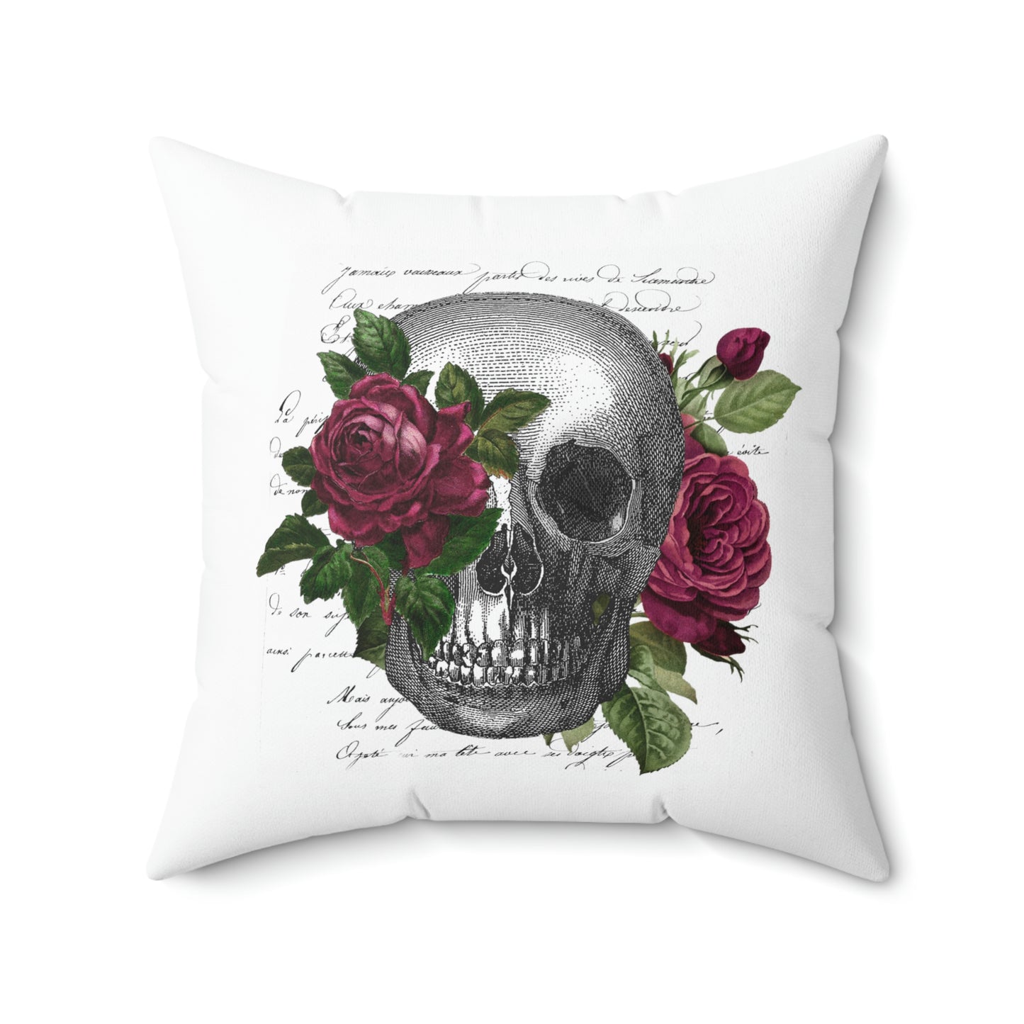 Vintage Rose Skull Print, Faux Suede Square Pillow