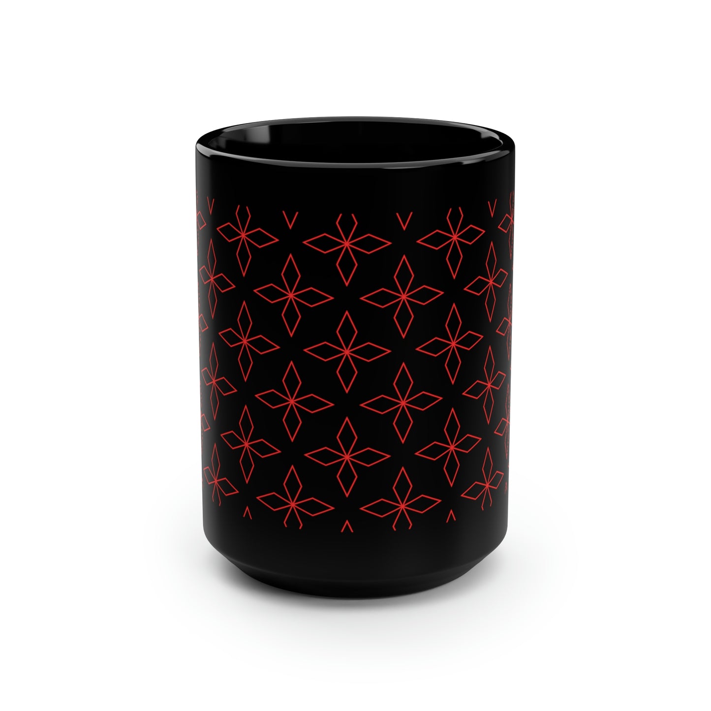 Red Retro Flower Black Mug, 15oz