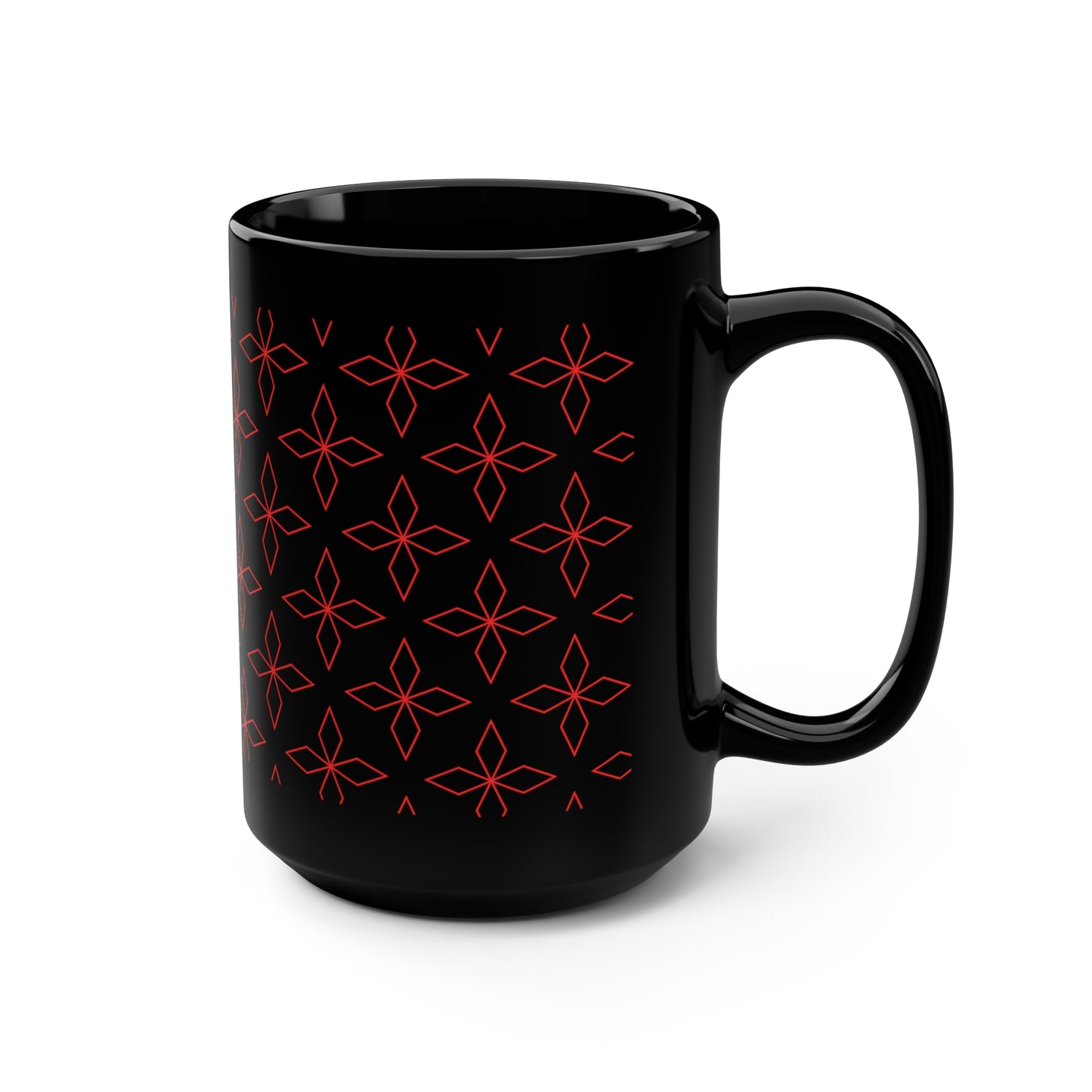 Red Retro Flower Black Mug, 15oz