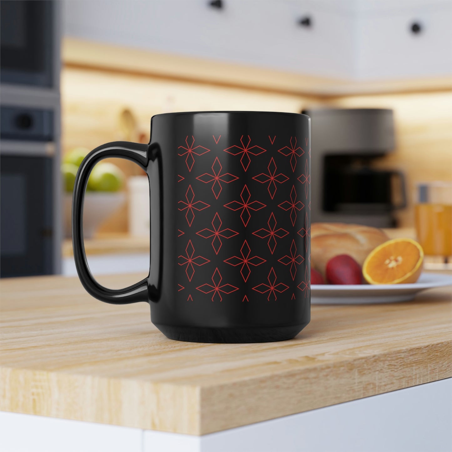 Red Retro Flower Black Mug, 15oz