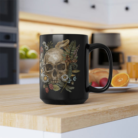 Mushroom Skull Black Mug, 15oz