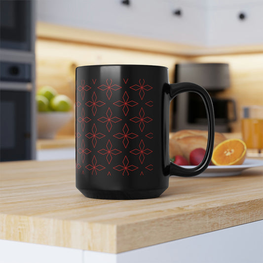 Red Retro Flower Black Mug, 15oz