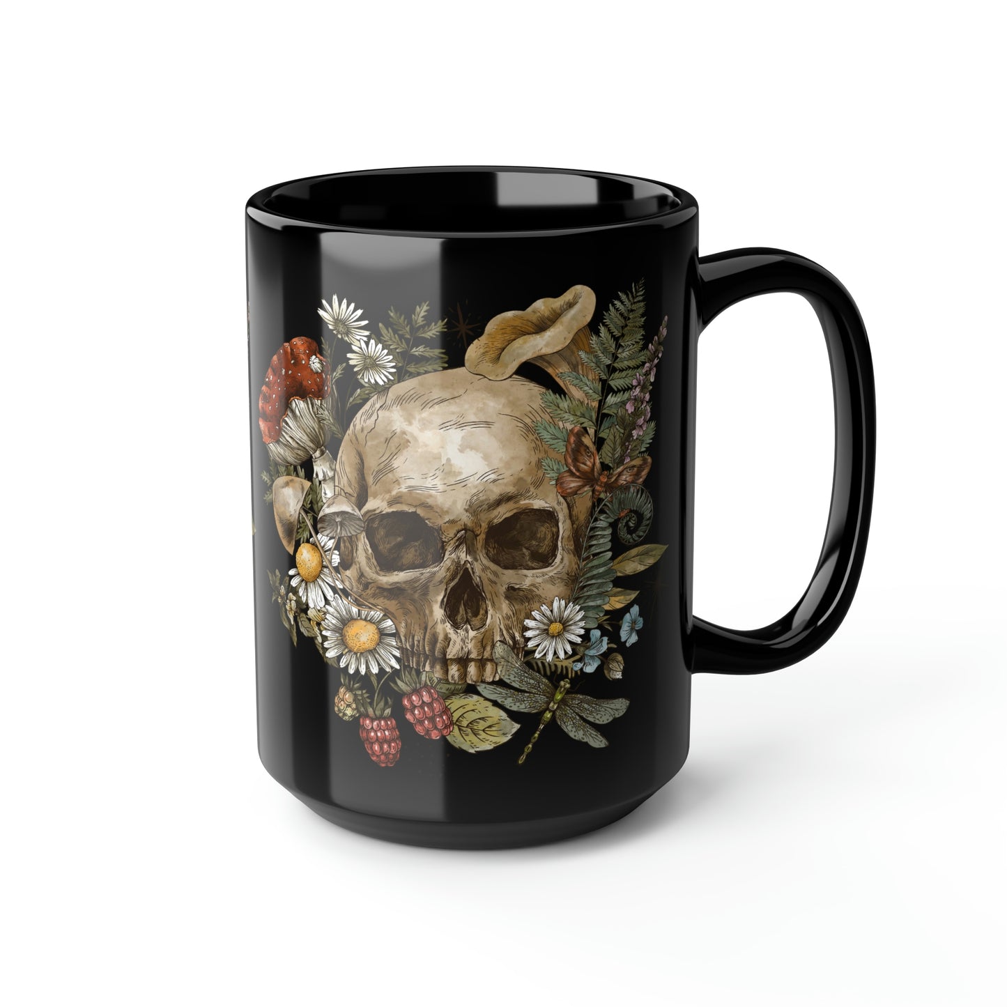 Mushroom Skull Black Mug, 15oz