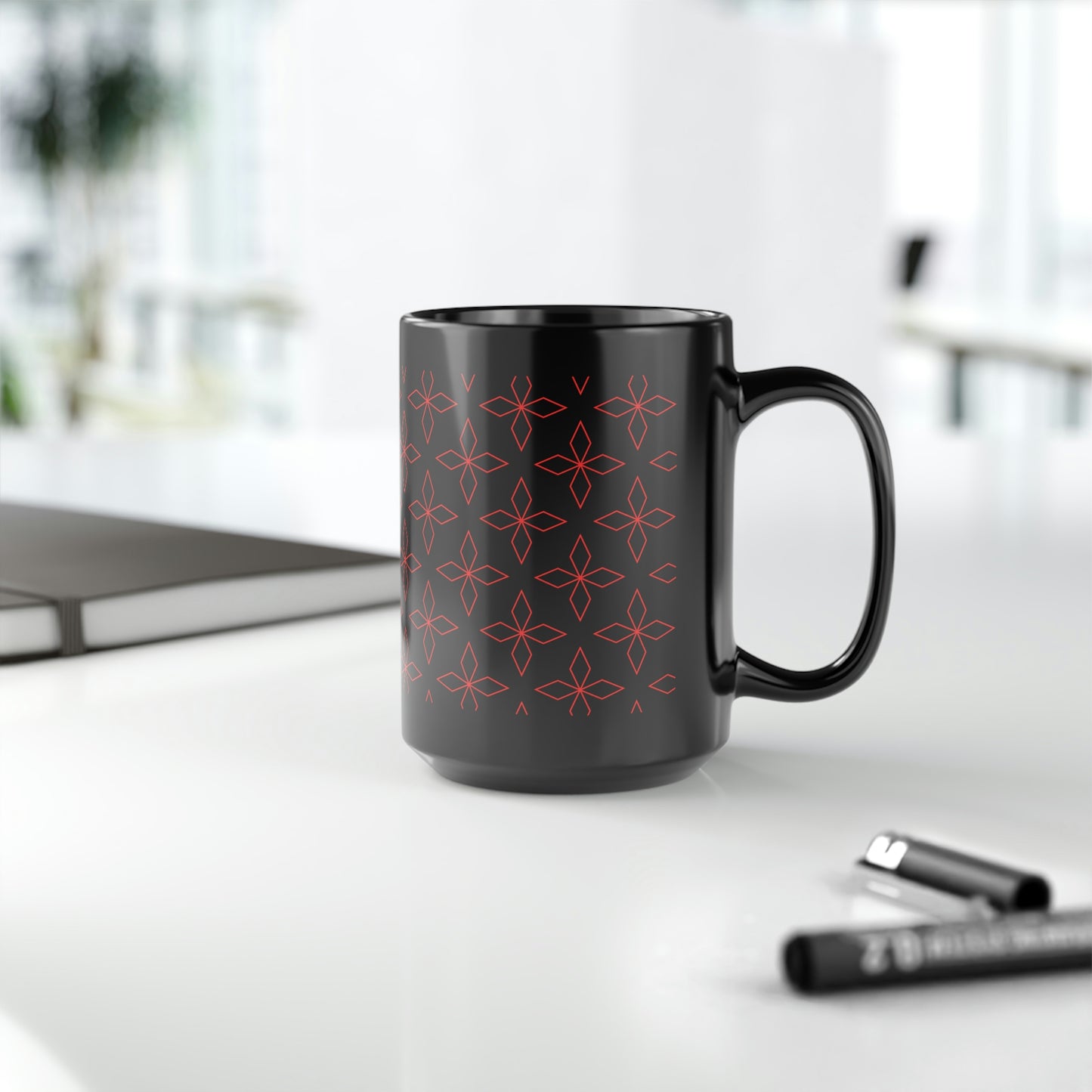 Red Retro Flower Black Mug, 15oz