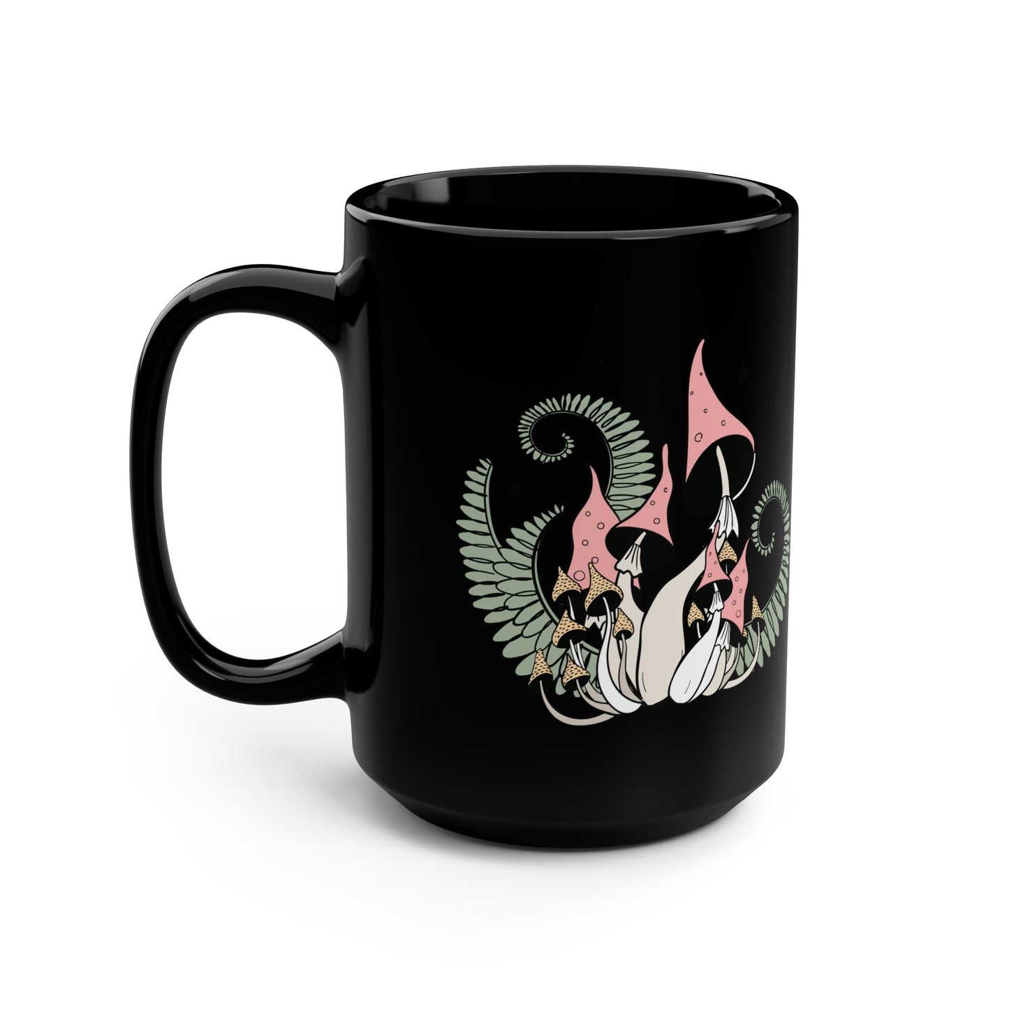 Mushroom Fern Black Mug, 15oz