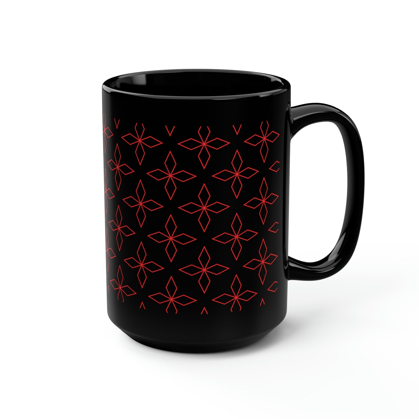 Red Retro Flower Black Mug, 15oz