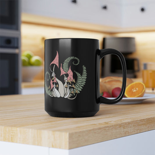 Mushroom Fern Black Mug, 15oz