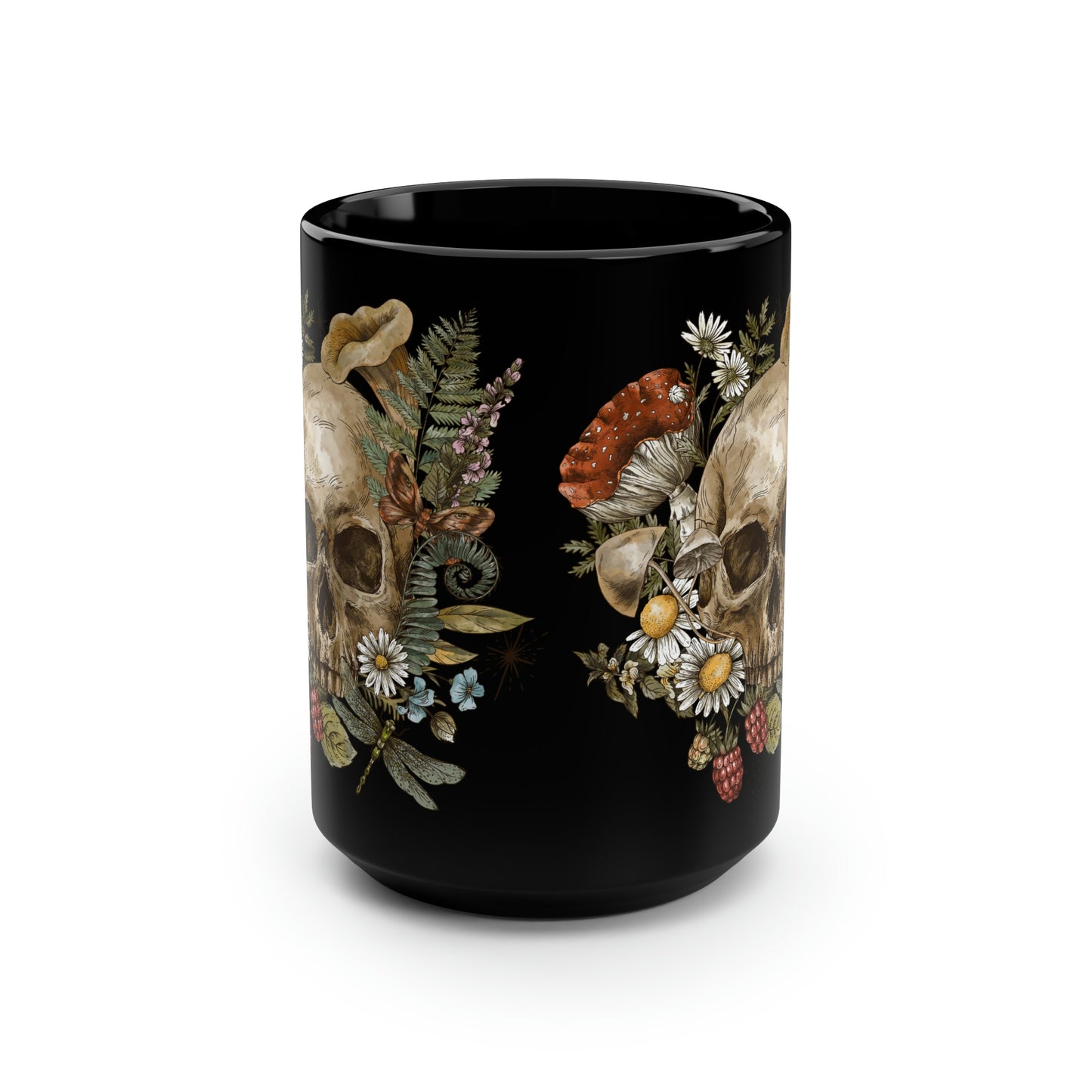 Mushroom Skull Black Mug, 15oz