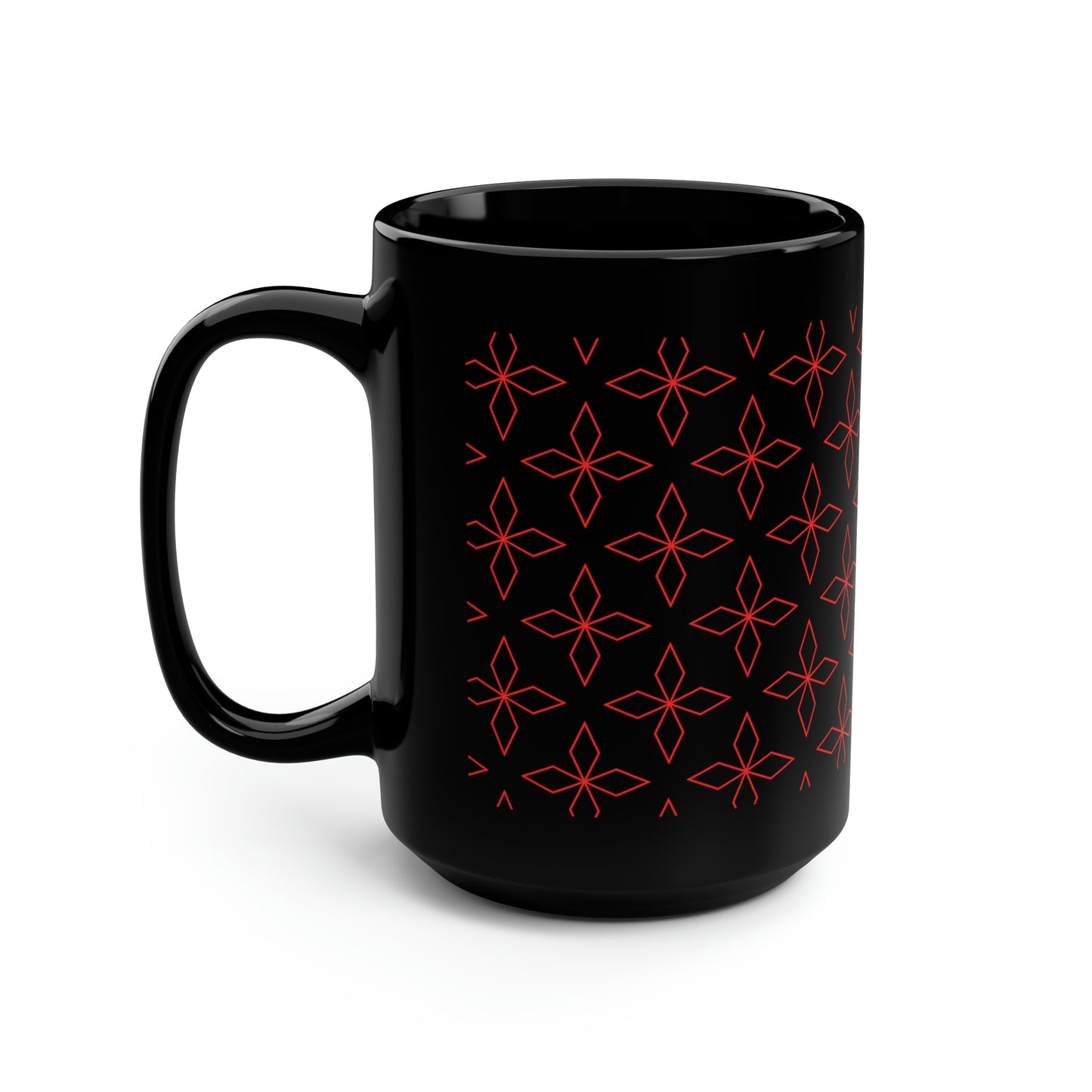 Red Retro Flower Black Mug, 15oz